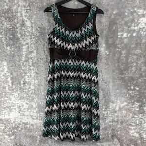 Perceptions Petite Size PM Zigzag Chevron A Line Midi Dress Belted Sleeveless
